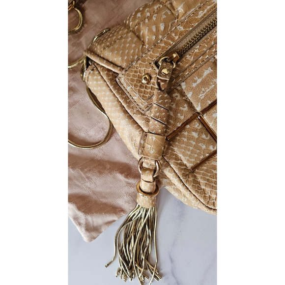 Herve Leger Womens Quilted Bag Tan Gold Snake Chain Strap Handbag Lamb Leather - Picture 3 of 16